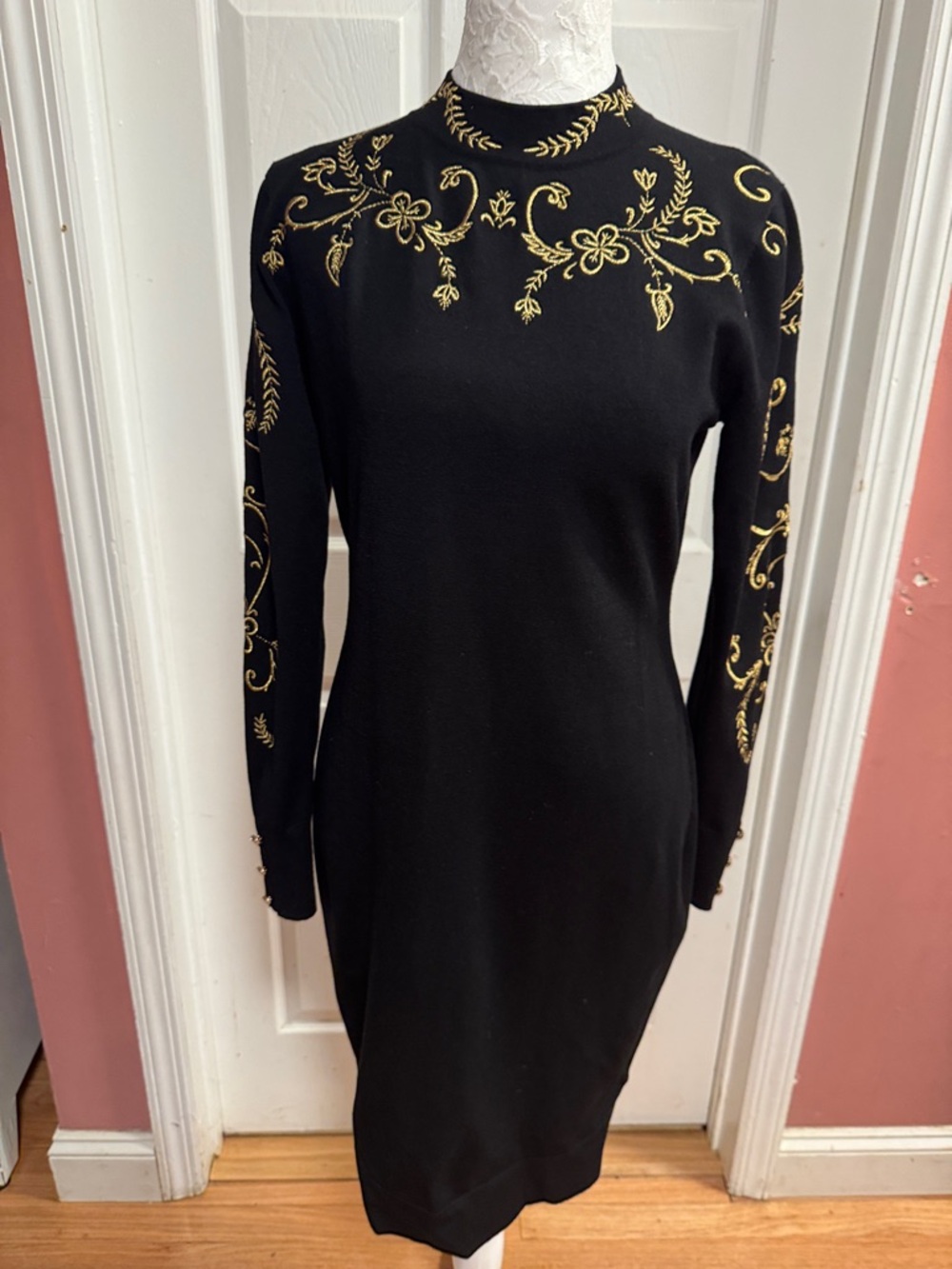 Karen Millen Black Long-Sleeve Dress with Gold Embroidery NWOT